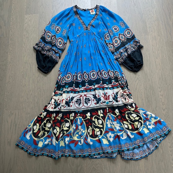 FARM RIO Anika Tiles Cerulean Blue Maxi Dress Long Sleeve V-Neck - SMALL - Picture 2 of 14